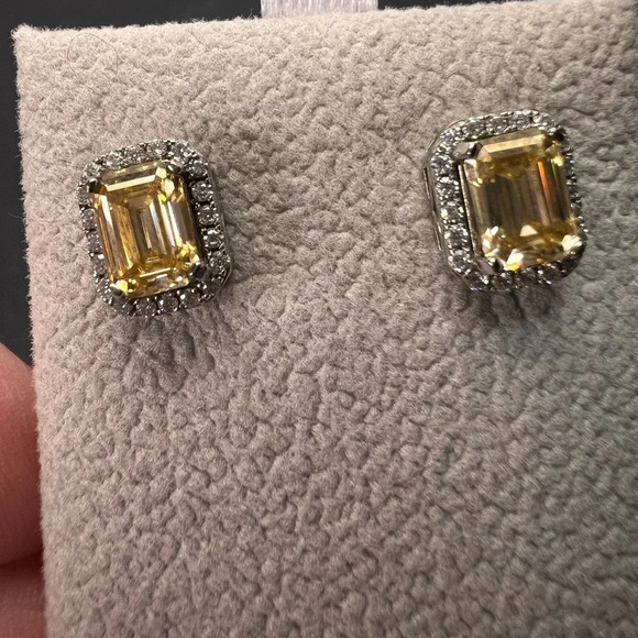 Yellow and white moissanite halo stud earrings in rhodium over sterling silver - Picture 7 of 12